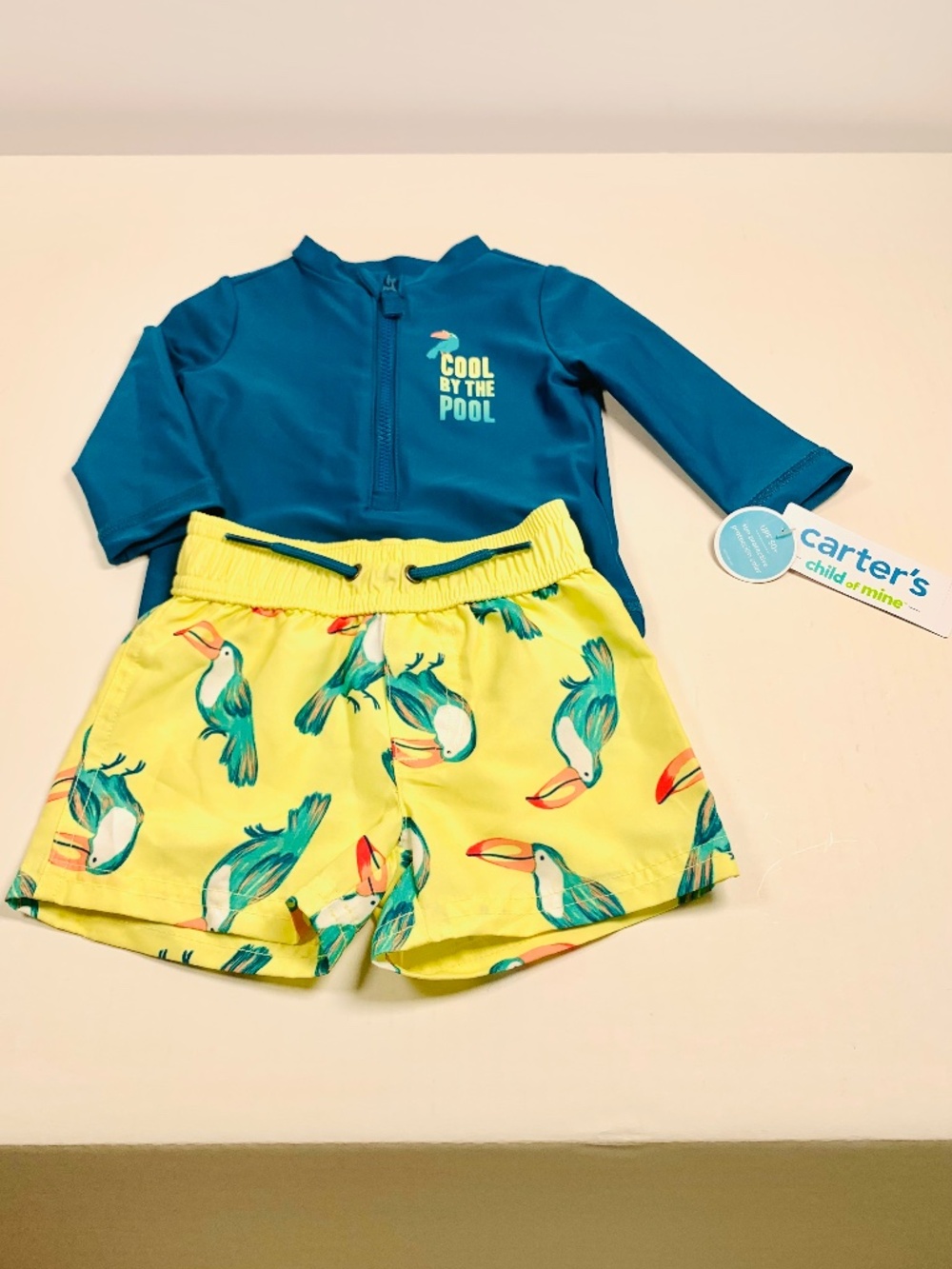 0-3 Months Carter’s Child of Mine swim set tropical toucan teal blue yellow